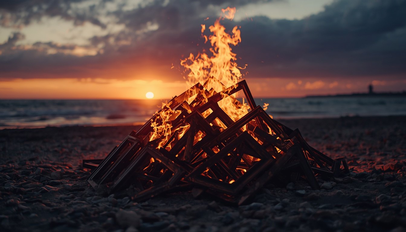 A bonfire built from wooden picture frames burning on a beach at sunset