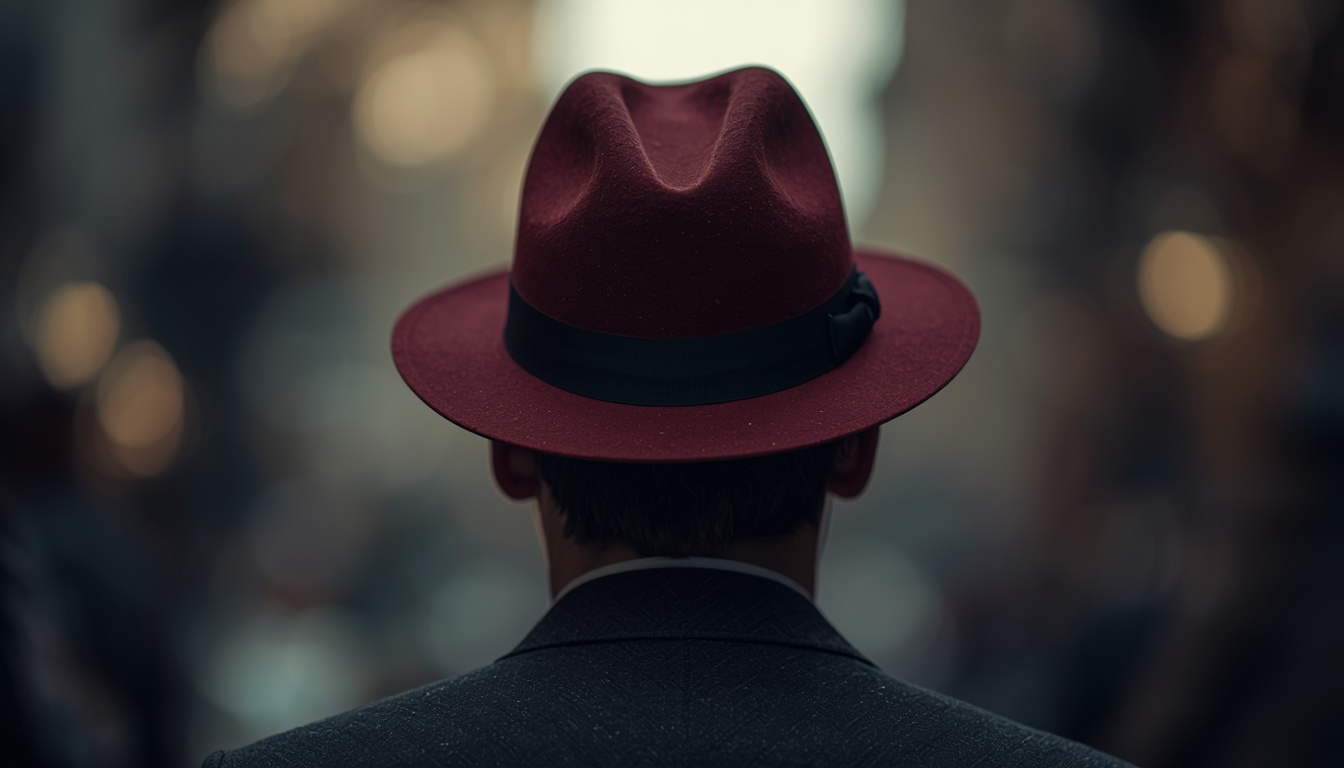 The back of a man in a suit wearing a burgundy fedora, looking out over a blurred city
