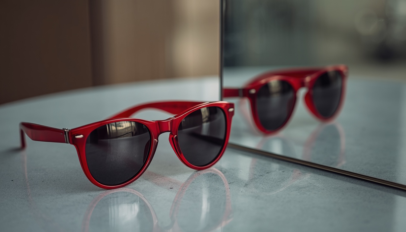A pair of red sunglasses on a glass table, reflected in a mirror